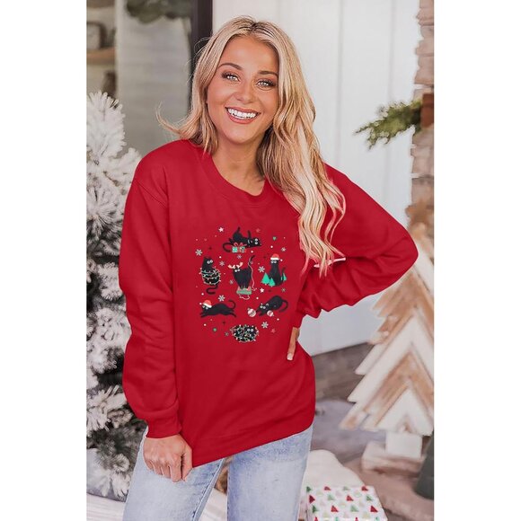 Women's Christmas Sweatshirt Cotton Polyester Spandex Cat Lover Holiday Top - Picture 2 of 6